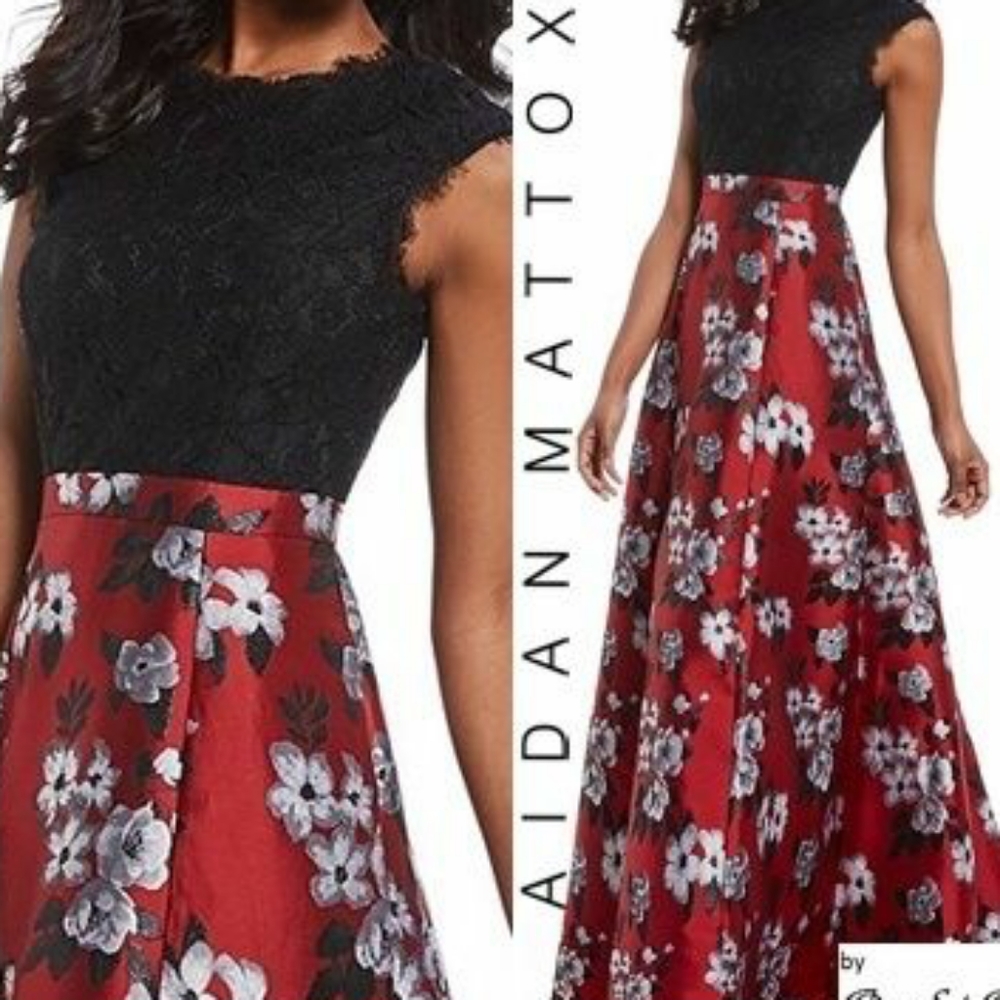 AIDAN MATTOX Flower Patterns Maxi Sleeveless Boat Neck Long Lace Dresses Size 0